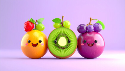 3D Render of Cute Kawaii Fruit Characters Smiling on Clean White Background

