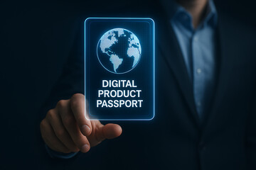 Hand touching holographic Digital Product Passport interface with pixelated globe and authentication display, symbolizing global traceability and smart product verification
