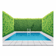 swimming pool in garden, surrounded by tall green hedge