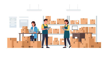 Efficient Warehouse Management Team Processing E-commerce Deliveries with Digital Tools and Boxes