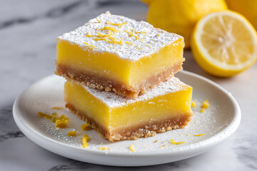 vegan lemon bar cake on a white plate