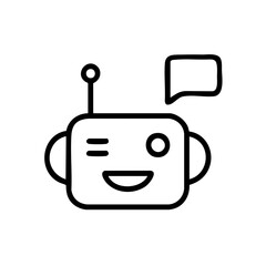 Minimalist black and white line illustration of a robot head with a small antenna and a speech bubble, symbolizing artificial intelligence communication and chatbot interaction.