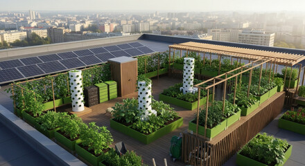Fototapeta premium Rooftop Urban Garden with Vertical Planters and Solar Panels.