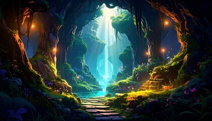 Fototapeta premium Pathway Leading to Waterfall in Lush Canyon with Flowers