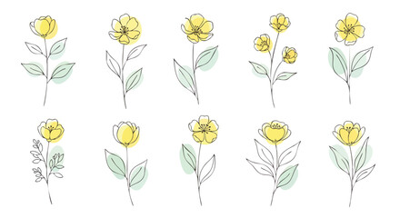 Minimalist Line Art Hand-Drawn Yellow Floral Vector Set with Green Leaf Accents for Design