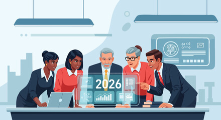 Diverse Global Business Team Planning 2026 Strategy with Futuristic Holographic Technology and Data