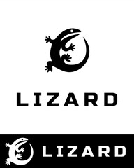 Creative logo design featuring a stylized lizard or gecko in a curled position in black and white 