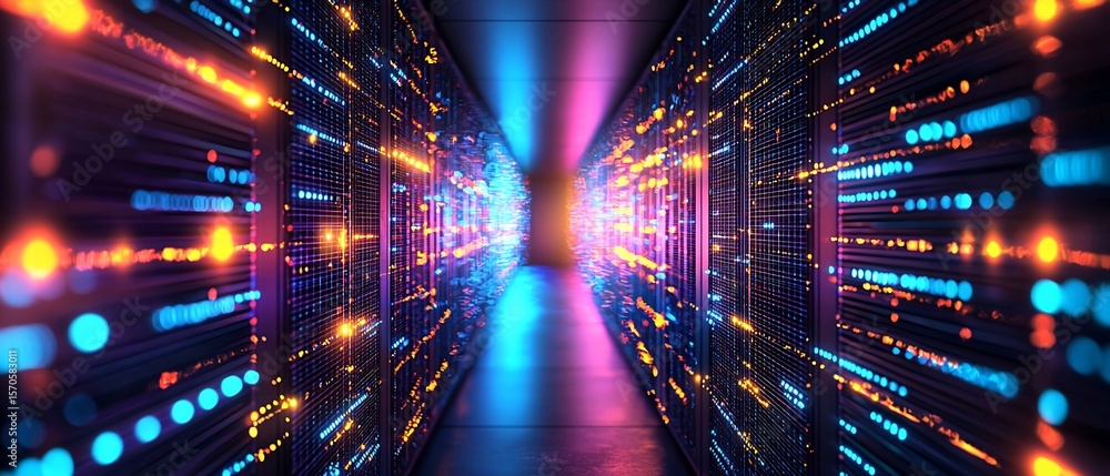 Poster digital data flow in server room with vibrant neon lightings for computing