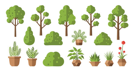 Diverse Collection of Flat Design Trees, Bushes, and Potted Houseplants Isolated Vector Set