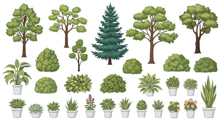 Diverse Vector Set of Green Trees, Bushes, and Potted Plants Collection Isolated on White