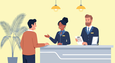 Friendly Receptionist Welcomes Guest at Hotel Front Desk with Attentive Concierge Staff