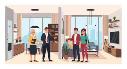 Professional Real Estate Agents Showing Modern Apartment Interior to Young Couple, Property Tour
