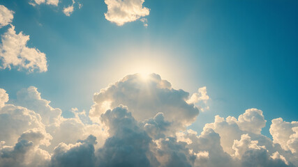 Bright Sun Shining Through Fluffy Clouds in a Clear Blue Sky Natural Sky Scene. Generative AI
