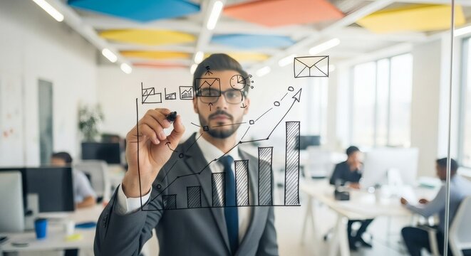 Executive visualizes business growth strategies on glass board in modern office space