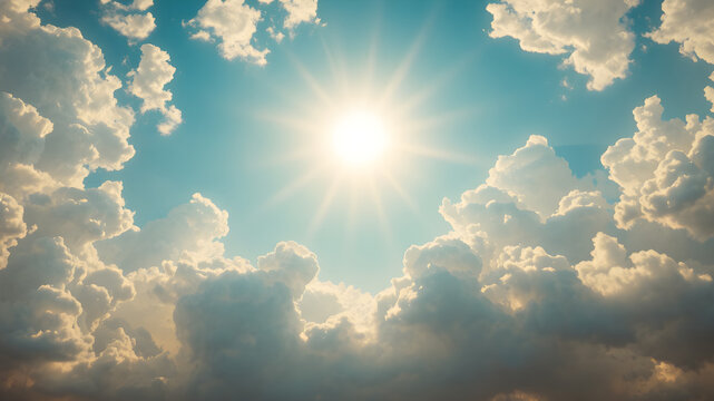 Bright Sun Shining Through Fluffy Clouds in a Clear Blue Sky Natural Sky Scene. Generative AI