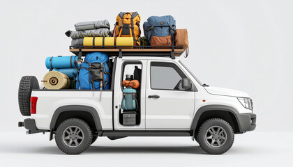 3D Render of Pickup Truck Loaded with Camping Gear on Clean Background

