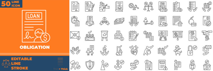 Obligation Line Editable Icons set. Vector illustration in modern thin line style of obligation icons: law, lease, regulation, terms, etc