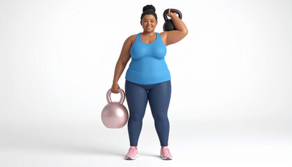 3D Render of Plus Size Woman Holding Kettlebell in Minimal Clean Studio Background

