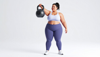 3D Render of Plus Size Woman Holding Kettlebell in Minimal Clean Studio Background

