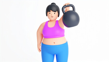 3D Render of Plus Size Woman Holding Kettlebell in Minimal Clean Studio Background

