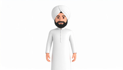 3D Render of Smiling Punjab Man Wearing Traditional Turban on White Background