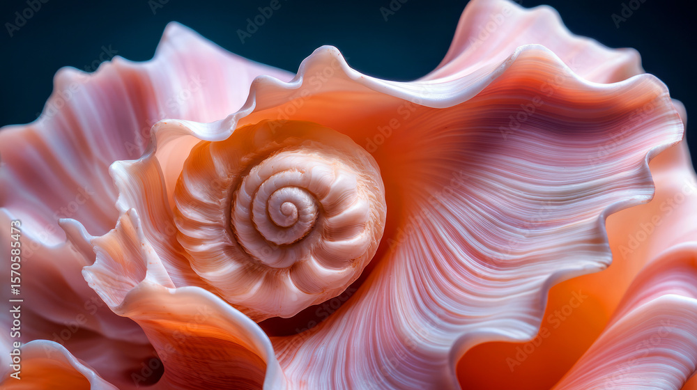 Poster close-up view of a beautifully swirled sea shell with intricate patterns and colors