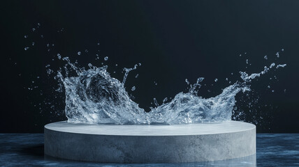 Dynamic product display: a concrete podium with a dramatic water splash on a dark blue background. Ideal for fresh product visuals.