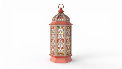 3D Render of Traditional Lantern with Islamic Patterns on Clean Background