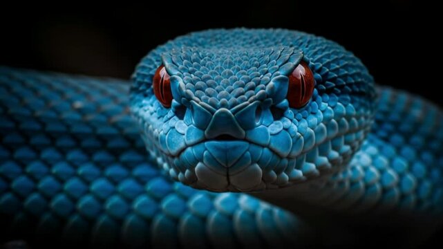 A close up shot of a blue snake with red eyes looking directly at the camera on a dark background