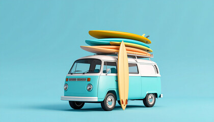 3D Render of Van with Surfboards on Roof Minimal Background Clean Design

