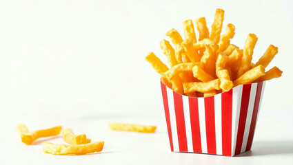 National French Fry Day concept, crispy French Fries in White and red Striped Paper Container, copy space
