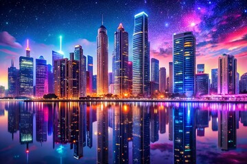Obraz premium Vibrant Neon Cityscape Reflection at Night: Futuristic Urban Skyline, Starry Sky, Pink and Blue Hues.