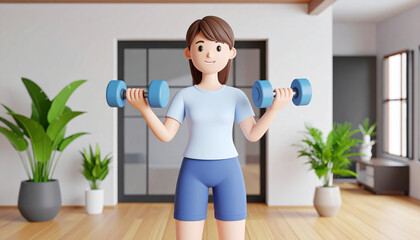 3D Render of Woman Holding Weights Doing Home Workout Exercise in Cozy Setting

