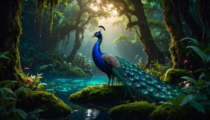 Peacock Standing Near Water in Green Forest Landscape