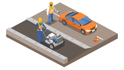 Isometric view of road workers paving a street with an orange car and safety cone nearby for traffic