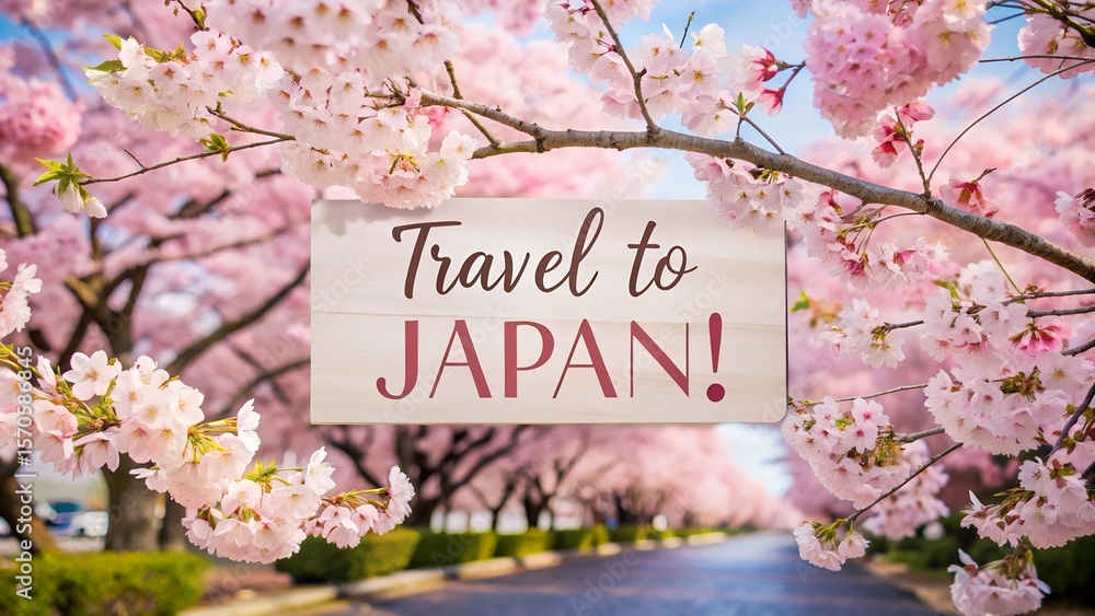 Fototapete cherry blossoms in full bloom with the word travel japan as a central visual element combining sceni