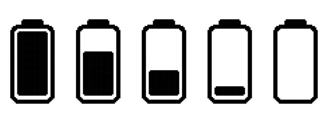 Set of Battery templates in pixel art style. Black power indicator silhouettes. Charge level, energy status, labels. Isolated on white background.