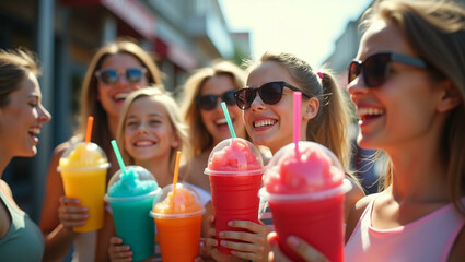 happy people with refreshing cocktail drinks on their hands, Free Slurpee Day celebration in july 11, Generative AI