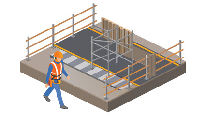 Isometric view of construction worker walking near scaffolding and safety barriers on a platform