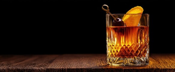 The elegant whiskey cocktail with orange and cherry garnish on wooden surface.