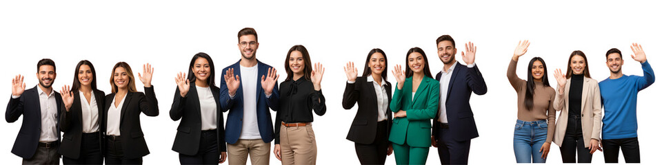 Collection of group of three young teachers looking forward, waving goodbye, smiling, elegant and modern clothing, isolated on white or transparent background