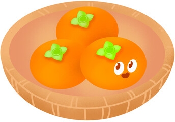 바구니에 담긴 가을 감 캐릭터와 감 일러스트