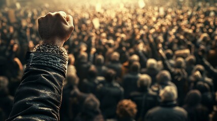 Elevated fist amidst a throng symbolizes collective strength and resistance