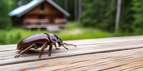 Close up view of a brown beetle near a wooden cabin Generative AI