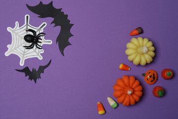 Halloween with skull, ticks, orange maple leaves, bats, spiders on purple background with space for...