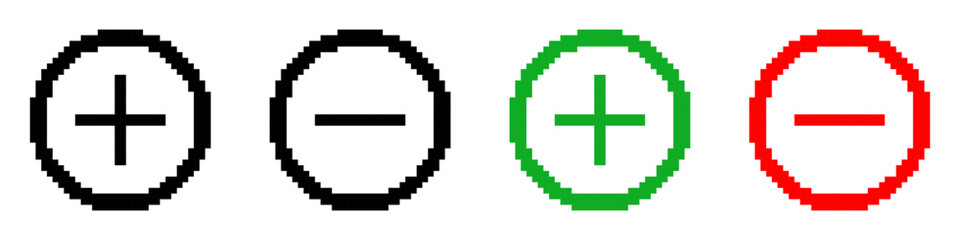 Set of Plus Minus Button templates in pixel art style. Add subtract controls. Interface elements, zoom icons, labels. Isolated on white background