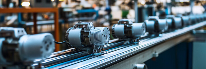 Small electric motors lined up for assembly in a factory Generative AI