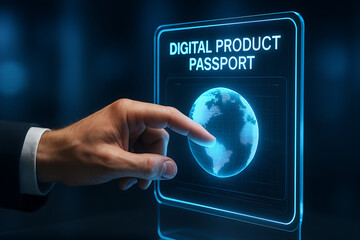 digital product passport, DPP, holographic interface, smart authentication, product verification, global traceability, pixelated globe, hand touch screen, digital passport, futuristic technology, prod