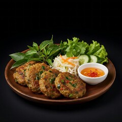 plate of Vietnamese chả mực, squid patties with herbs, on a black background, served with chili fish sauce, teak wood platter 