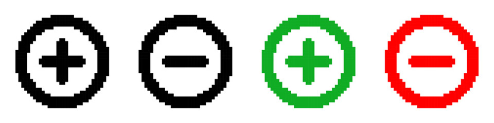 Obraz premium Set of Plus Minus Button templates in pixel art style. Add subtract controls. Interface elements, zoom icons, labels. Isolated on white background
